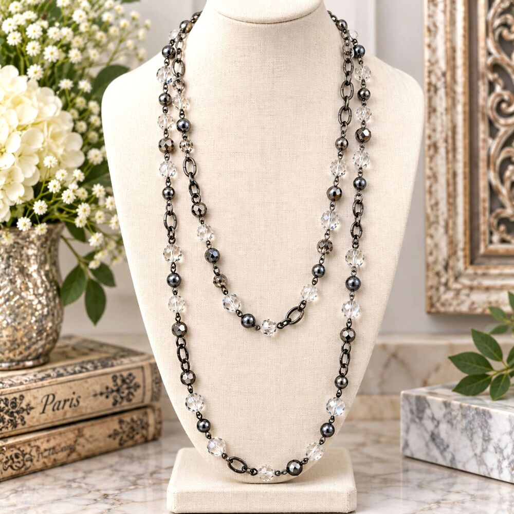 62" Gunmetal Crystal Station Chain Necklace Long Beaded Statement Jewelry